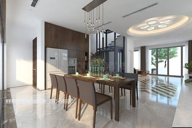 Thiết kế nội thất phòng ăn biệt thự đẹp với sự xuất hiện của bộ bàn ăn gỗ tự nhiên tạo điểm nhấn nổi bật cuốn hút