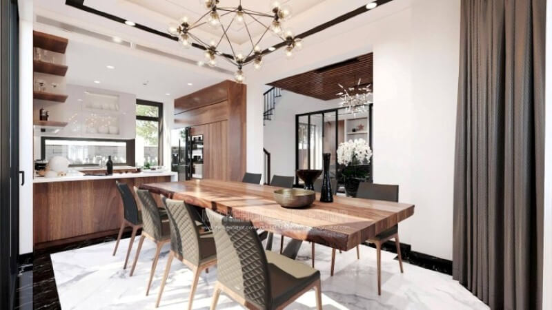 Mẫu tủ bếp hình chữ U với thiết kế bàn đảo liền mạch sẽ là một gợi ý tuyệt vời cho mẫu phòng bếp vuông vắn mà không cần tốn quá nhiều diện tích. Thiết kế tủ bếp biệt thự sang trọng